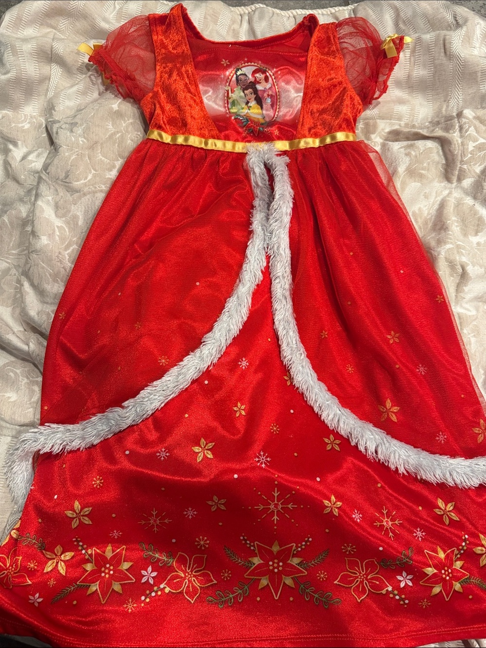 Disney Red and Gold Holiday Princess Dress with White Faux Fur Trim